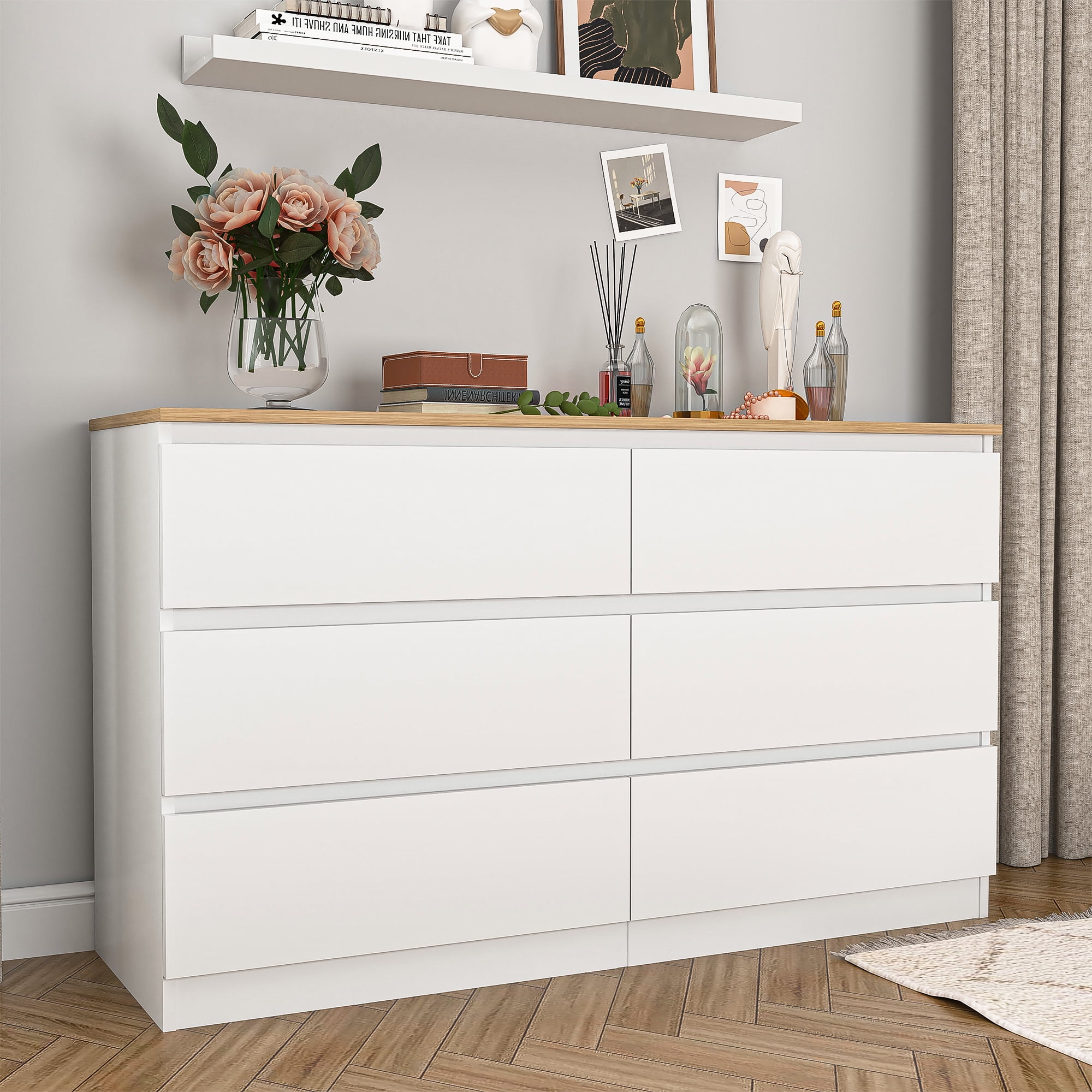 Kadyn 6 Drawer Dresser, Modern White Dresser with 6 Drawers and Natural Top, Storage Chest of Drawers for Bedroom, Living Room, Hallway, Entryway