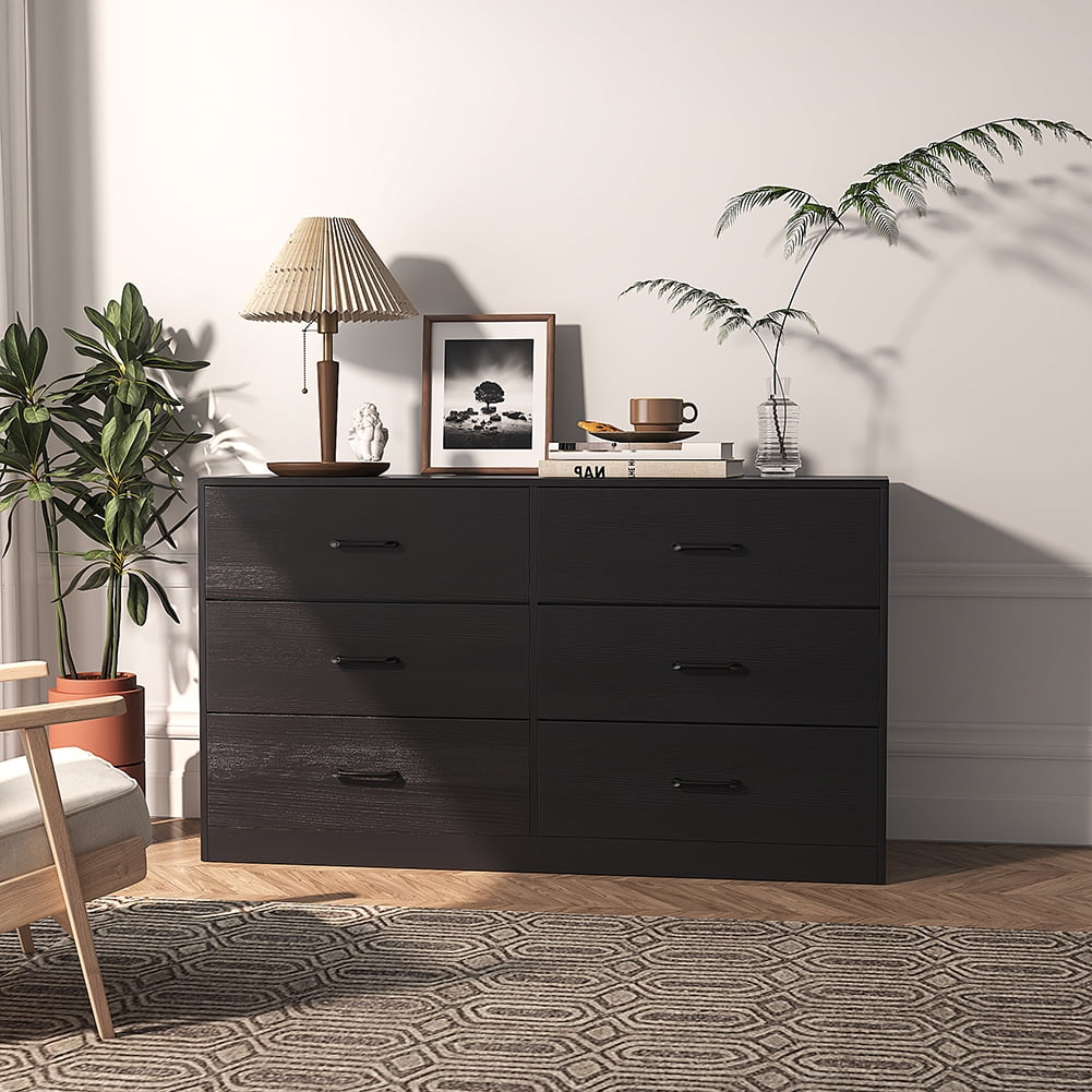 Kadyn Bedroom Dresser with 6 Drawers, Fabric Dresser Organizer, Spacious Chest of Drawers with Fabric Organizer and Wooden Top, Dresser Storage Tower for Closet, Clothes, TV Cabinet, Black