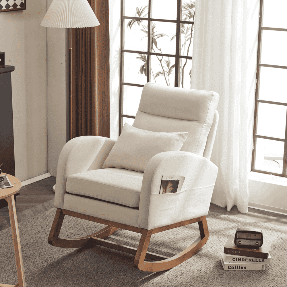 Beige Linen Upholstered Rocking Chair with Solid Wood Base