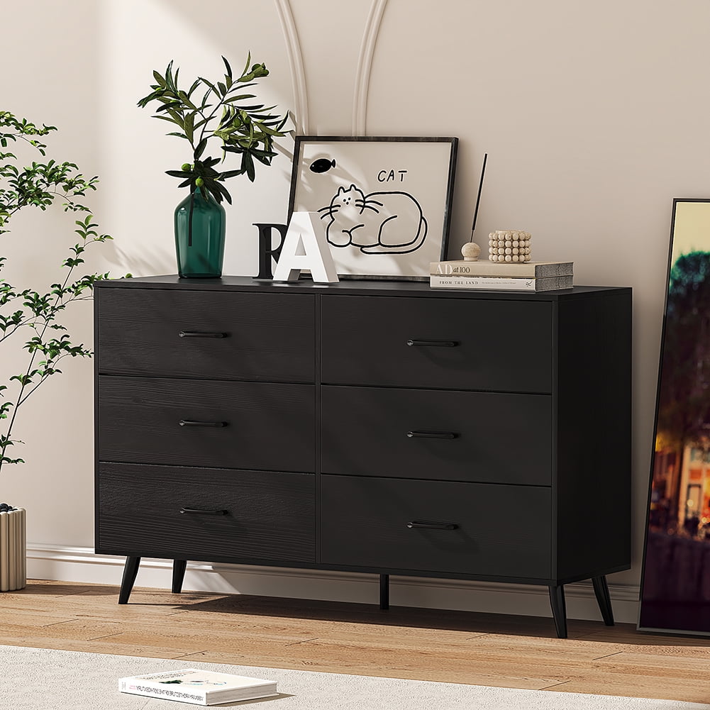 Kadyn Bedroom Wide Dresser with 6 Drawers, 3-Drawer Storage Chest of Drawers for Closet, Nursery, Bedside, Living Room, Laundry Room Entry Way, Hallway Storage Chest of Drawers, Black