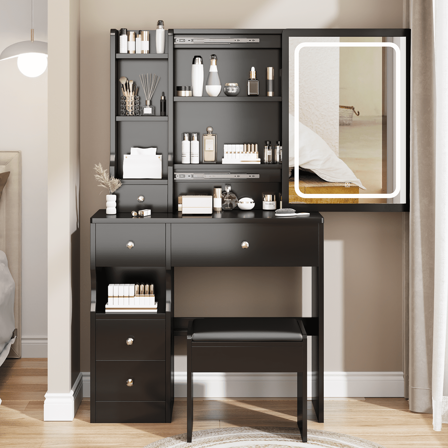 Kadyn Bedside Cabinet Vanity Table with Cushioned Stool, Extra Large Sliding LED Mirror, Tri-color, Practical Fashionable Dresser,Black Kadyn Bedside Cabinet Vanity Table with Cushioned Stool, Extra Large Sliding LED Mirror, Tri-color, Practical Fashionable Dresser,Black