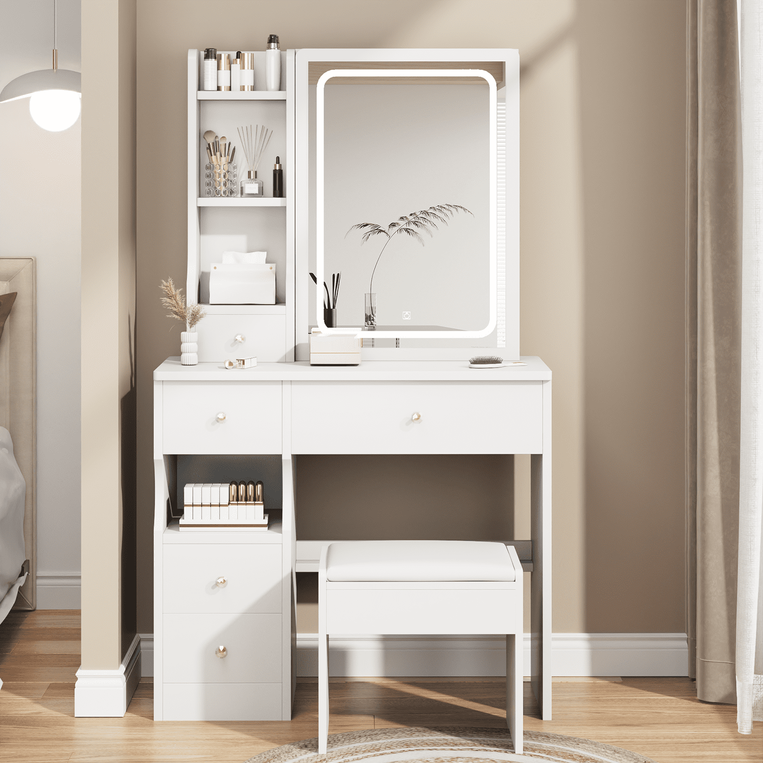 Kadyn Bedside Cabinet Vanity Table with Cushioned Stool, Extra Large Sliding LED Mirror, Tri-color, Practical Fashionable Dresser,White