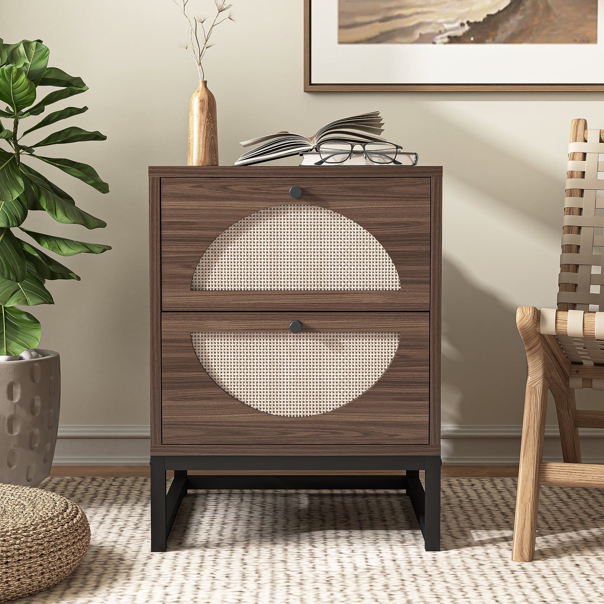 Kadyn Bedside End Table with 2 Hand Made Rattan Decorated Storage Drawers, Nightstand for Bedroom and Living Room,Walnut