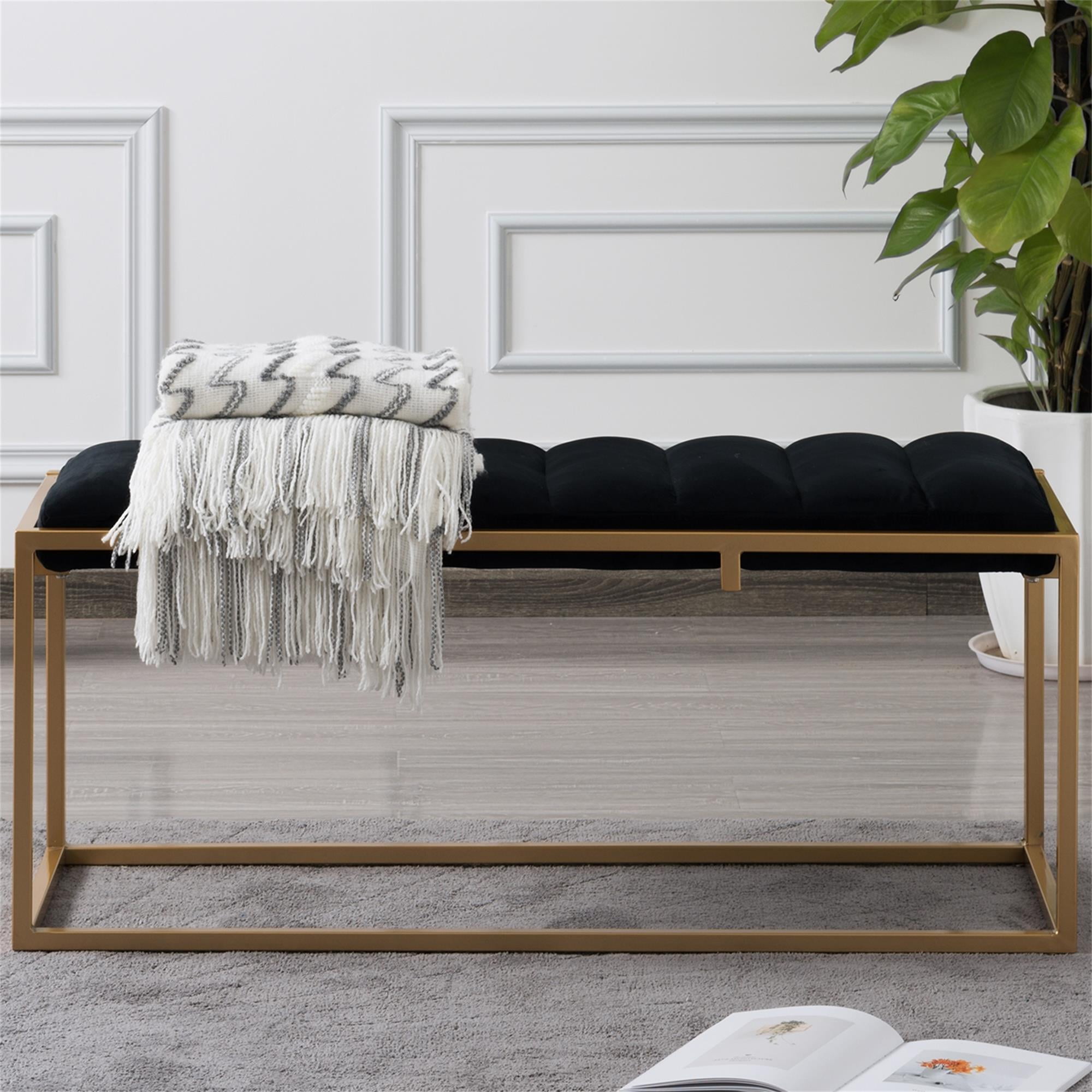 Kadyn Bench, Rectangular Velvet Ottoman Bench with Metal Base, Tufted End of Bed Bench for Bedroom, Black Kadyn Bench, Rectangular Velvet Ottoman Bench with Metal Base, Tufted End of Bed Bench for Bedroom, Black