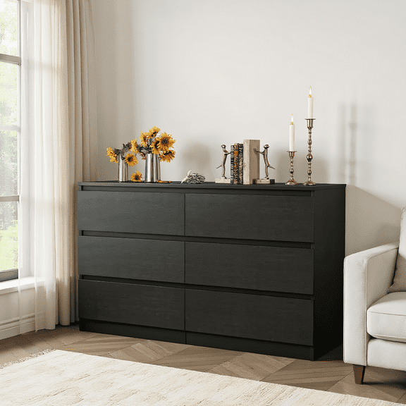 Kadyn Black Chest of Drawer, 6 Double Drawer Dresser for Bedroom, Modern Storage Cabinet for Living Room, Dresser
