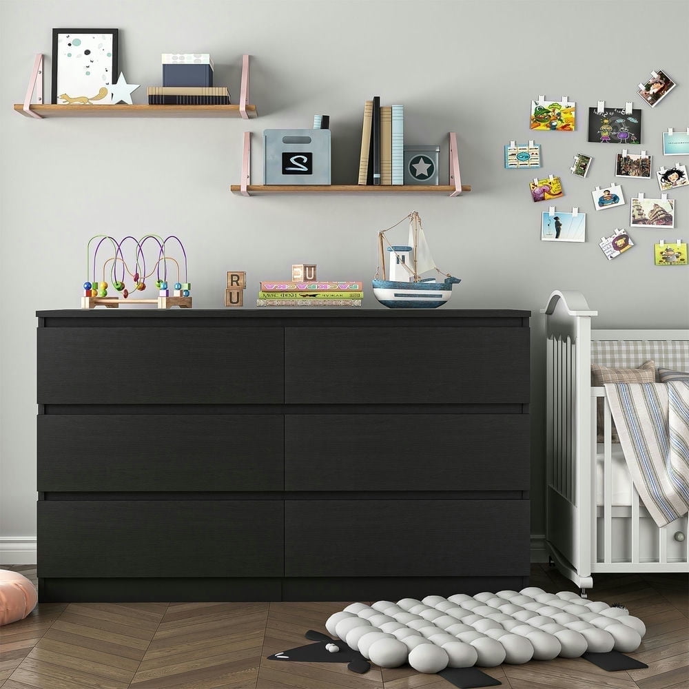 Kadyn Black Chest of Drawer, 6 Double Drawer Dresser for Bedroom, Modern Storage Cabinet for Living Room, Dresser