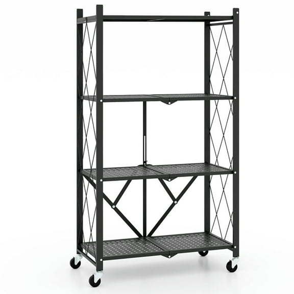 Kadyn Bookshelf Bookcase, Display Rack,4-Tier Foldable Storage Shelf Collapsible Storage Rack with Lockable Wheels-Black