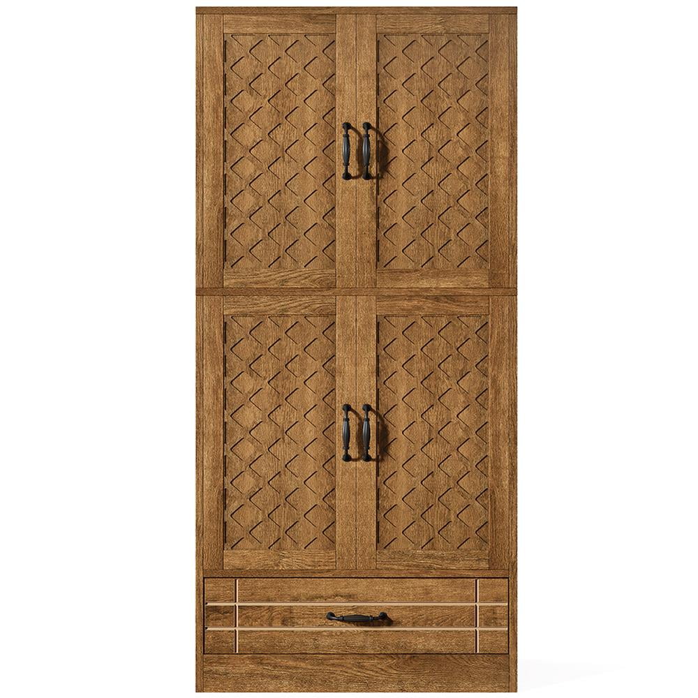 Tall Brown MDF Bookcase with Diamond Carved Cabinet and Drawer