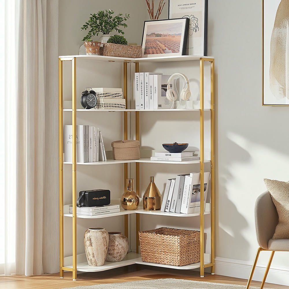 Kadyn Bookshelf Bookcase, Display Rack,Gold L-Shaped Bookshelf with ...