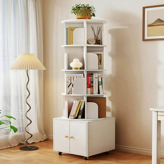 Kadyn Bookshelf Bookcase, Display Rack,Rotating Bookshelf, 360 Degree Display 5 Tier Corner Bookshelf with Drawer for Bedroom, Living Room, White