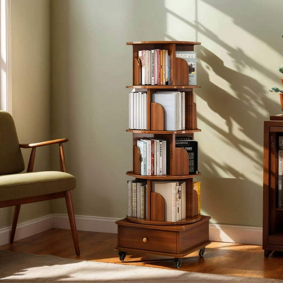 Kadyn Bookshelf Bookcase, Display Rack,Rotating Bookshelf with Drawer, 360 Display 5 Tier Corner Bookshelf for Small Space, Brown