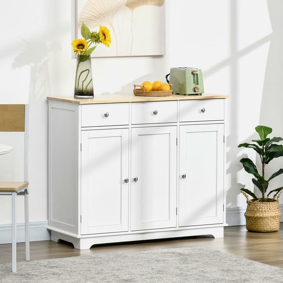 Kadyn Buffet Cabinet with Drawers and Adjustable Shelves, Sideboard Cabinet with Rubberwood Top for Kitchen, Entryway, Living Room, White