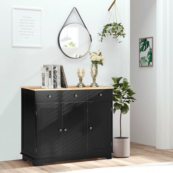 Kadyn Buffet Cabinet with Solid Wood Top, Adjustable Shelf and 3 Drawers, Sideboard Cabinet for Living Room, Kicthen, Black