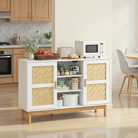 Kadyn Buffet Sideboard,Sideboard Buffet Cabinet,48 Inch Sideboard Buffet Cabinet Floor Storage Cabinet with 2 Bamboo Woven Doors-White