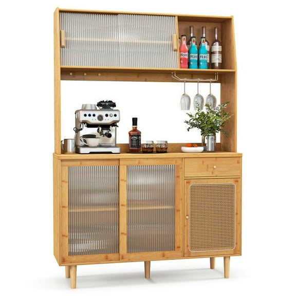 Kadyn Buffet Sideboard,Sideboard Buffet Cabinet,69 Inch Wine Bar Kitchen Cabinet with Sliding Tempered Glass and Rattan Door-Natural
