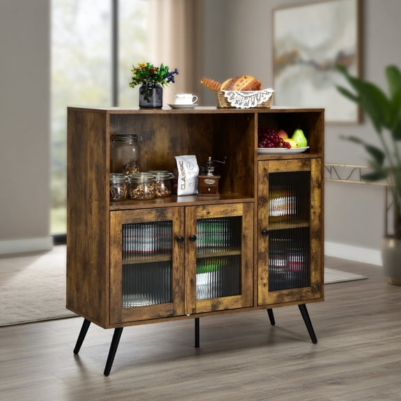 Kadyn Buffet Sideboard,Sideboard Buffet Cabinet,Buffet Kitchen Storage Cupboard with Glass Door and Adjustable Shelves-Rustic Brown