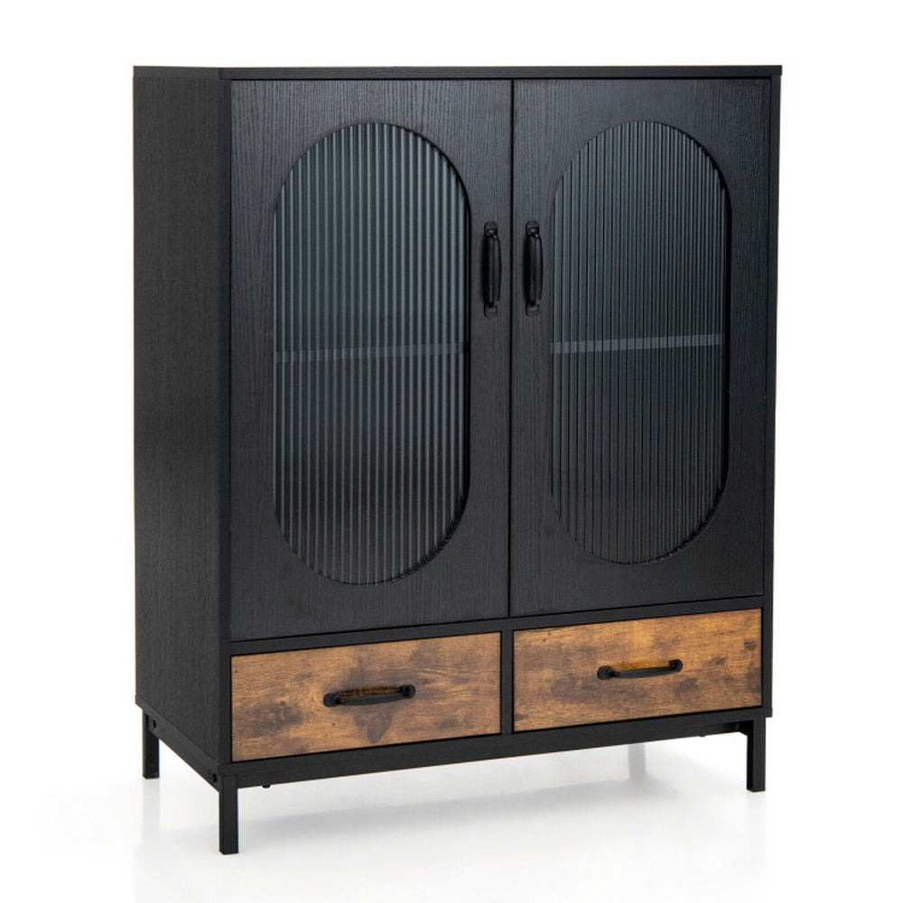 Black and Rustic Brown Industrial Buffet Sideboard with Tempered Glass Doors