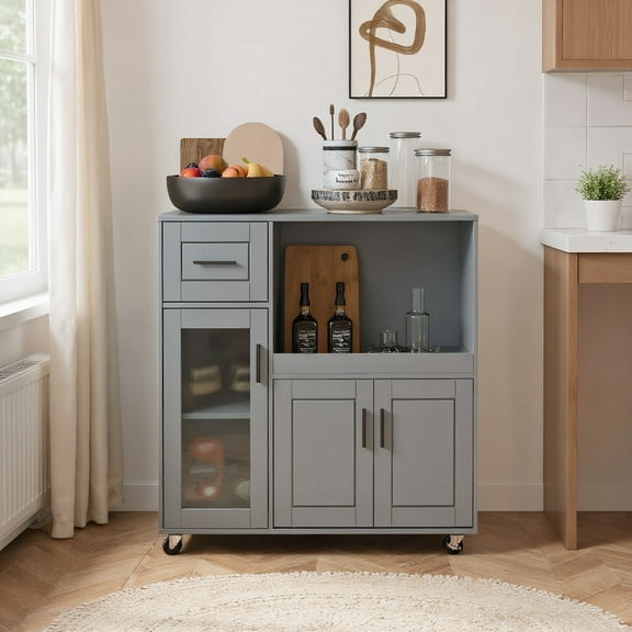 Kadyn Buffet Sideboard,Sideboard Buffet Cabinet,Rolling Kitchen Island with Wheels Drawer and Glass Door Cabinet-Gray