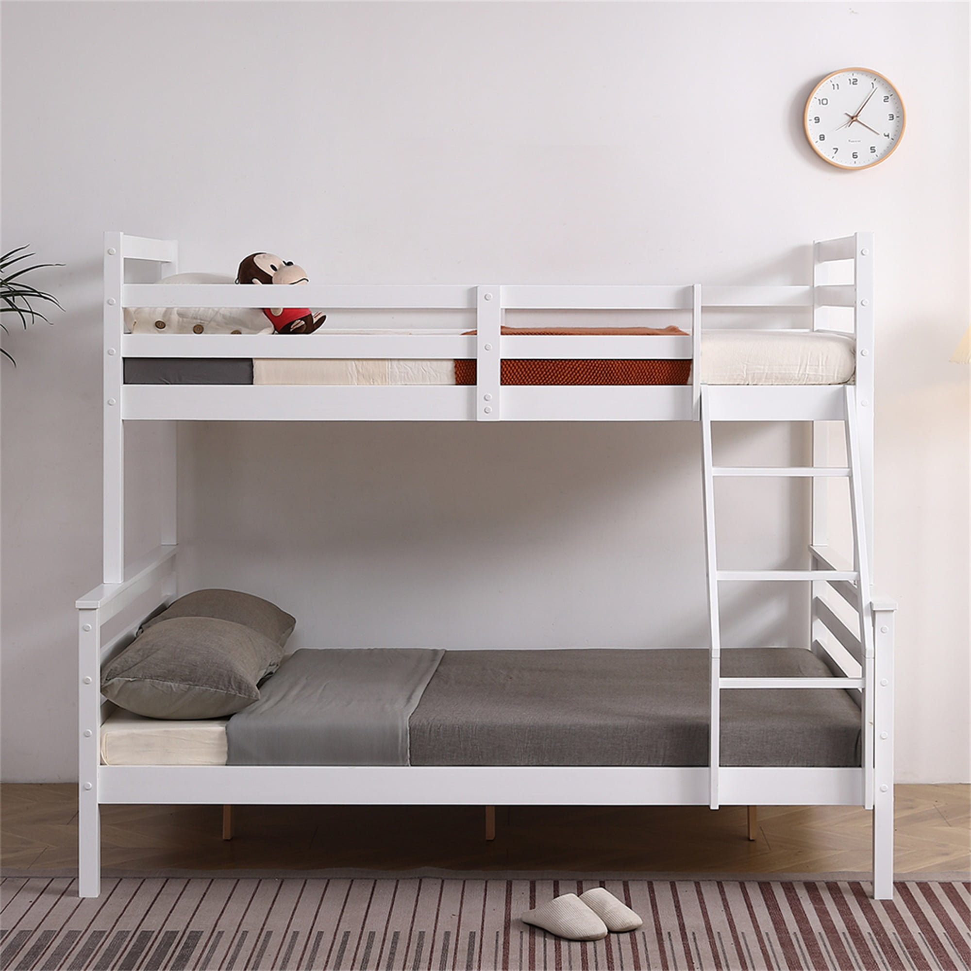 Kadyn Bunk Low Bed with Ladder, Wooden Bunk Bed with Safety Rails for Kids, Teens, Bedroom Furniture that Detaches into a Single Bunk, White Solid Wood Bunk Bed
