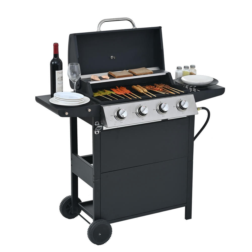 Kadyn Burner Grill with Two Shelves, Lid, Wheels and Bottle Opener, BBQ Grill with 4 Burner and Stainless Steel 34,000 BTU for Outdoor, Black