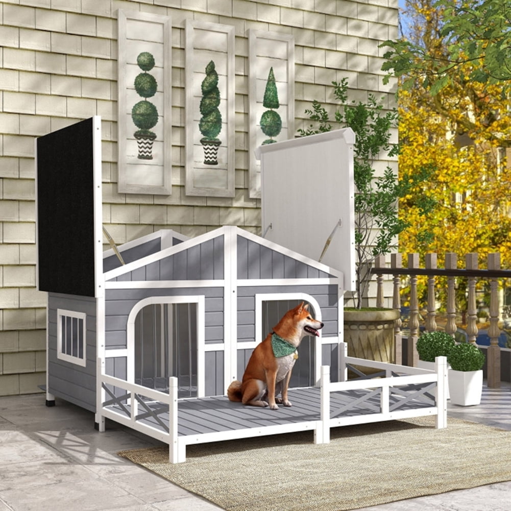 Kadyn Cabin Style Raised Dog Shelter with Roof, Doors, and Window, Wooden Dog House Outdoor with Porch, for Medium Large Sized Dog, Gray Kadyn Cabin Style Raised Dog Shelter with Roof, Doors, and Window, Wooden Dog House Outdoor with Porch, for Medium Large Sized Dog, Gray