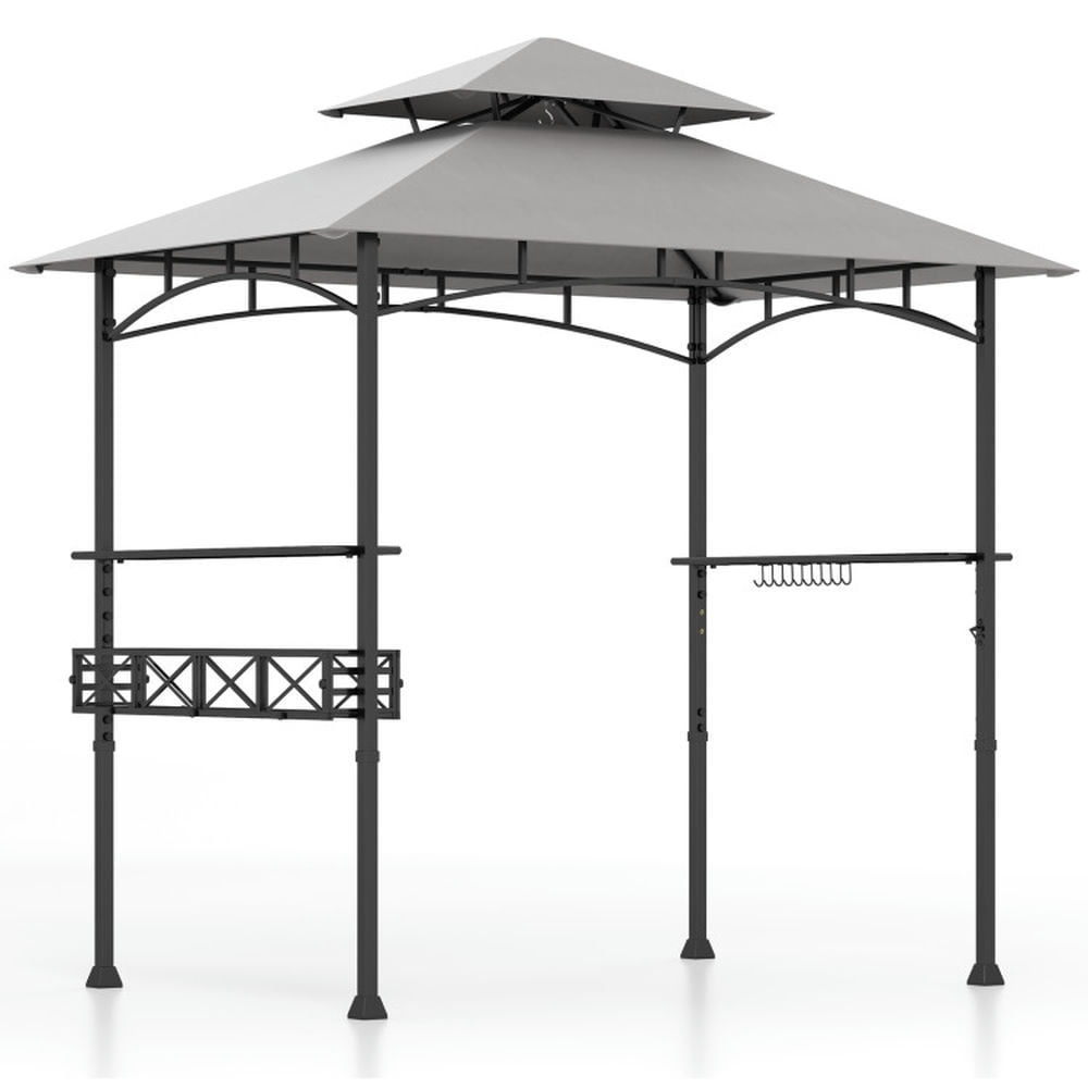Gray and Black Metal Outdoor Grill Gazebo with Shelves and Hooks
