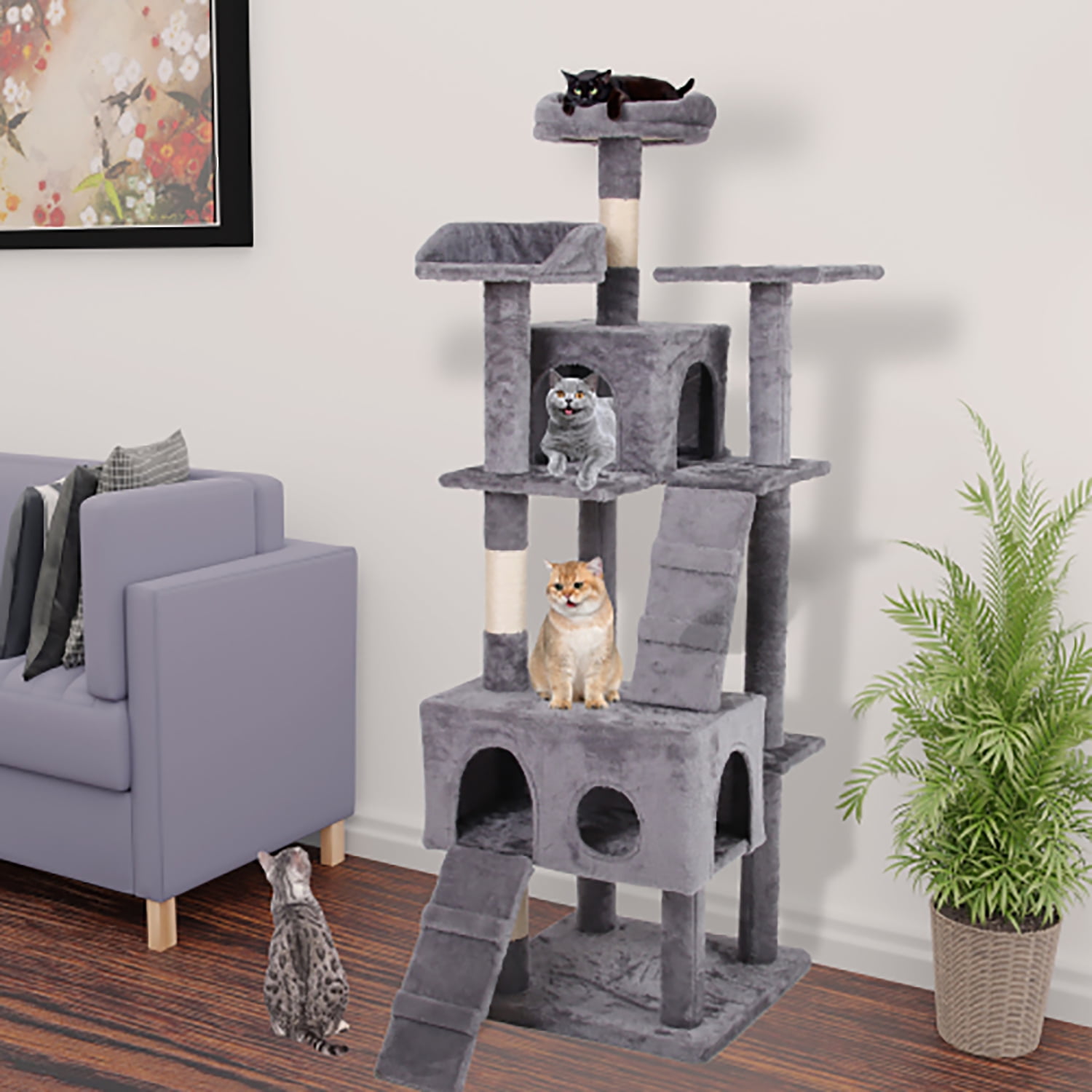 Kadyn Cat Climbing Frame, 60" Cat Tree for Large Cats, Cat Tower, Gray Cat Tree Condo Kadyn Cat Climbing Frame, 60" Cat Tree for Large Cats, Cat Tower, Gray Cat Tree Condo