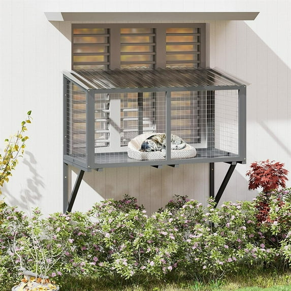 Kadyn Cat House Indoor Outdoor, Pet Cat House, Cat Window Catio, Cat Outdoor Enclosure with Sun Sheet Roof, Wall Mounted Wood Cat Window Perch House,Dark Gray