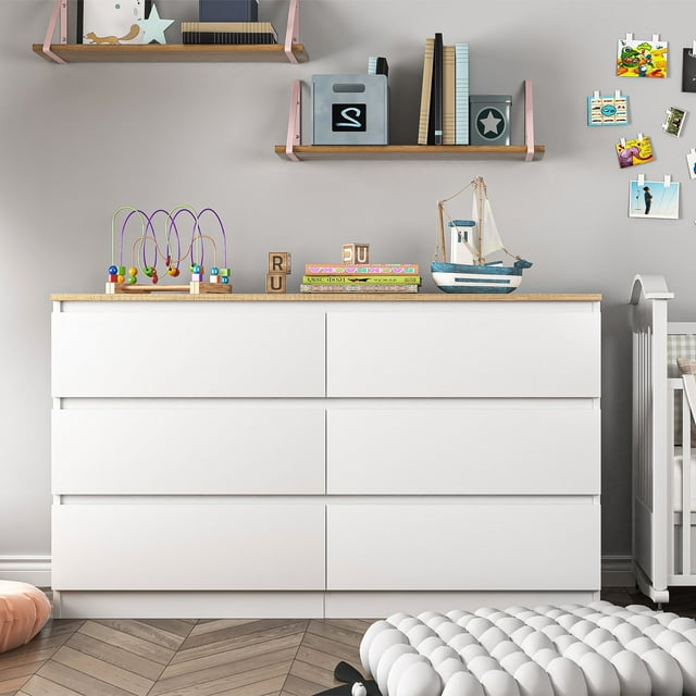 Kadyn Chest of Drawer, 6 Drawer Dresser for Bedroom, Natural Top Dresser,White Kadyn Chest of Drawer, 6 Drawer Dresser for Bedroom, Natural Top Dresser,White