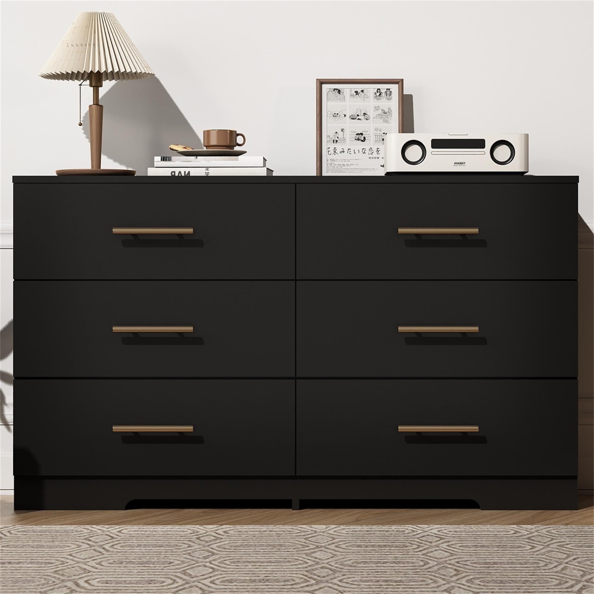 Kadyn Chest of Drawer Dressers Table, 6 Drawer Double Dresser with Golden Handle, Black Storage Cabinet for Living Room Kadyn Chest of Drawer Dressers Table, 6 Drawer Double Dresser with Golden Handle, Black Storage Cabinet for Living Room