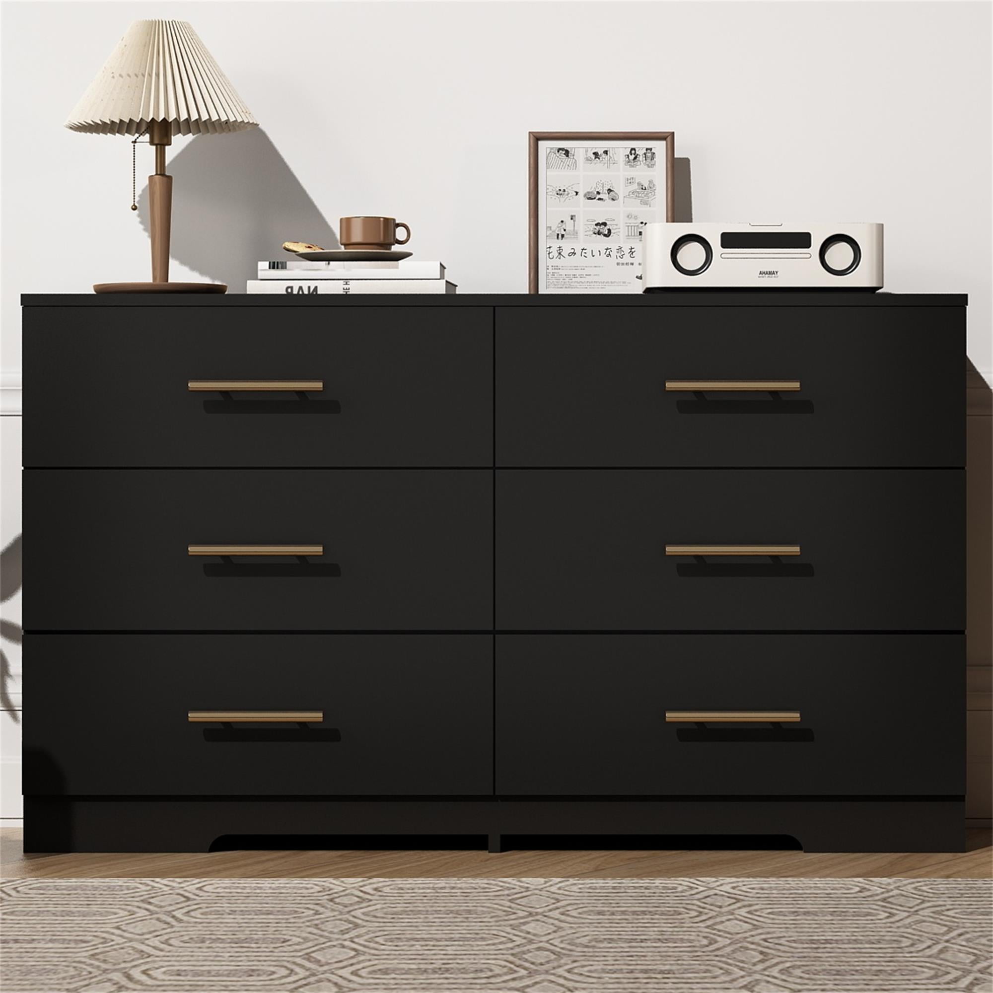 Kadyn Chest of Drawer Dressers Table, 6 Drawer Double Dresser with Golden Handle, Black Storage Cabinet for Living Room Kadyn Chest of Drawer Dressers Table, 6 Drawer Double Dresser with Golden Handle, Black Storage Cabinet for Living Room