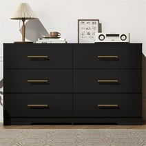 Kadyn Chest of Drawer Dressers Table, 6 Drawer Double Dresser with Golden Handle, Black Storage Cabinet for Living Room