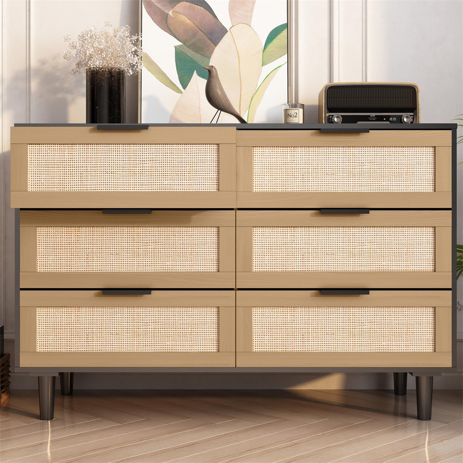 Kadyn Chest of Drawers, 6 Drawers Rattan Dresser for Bedroom with Black Handle, Black Nursery Dresser Kadyn Chest of Drawers, 6 Drawers Rattan Dresser for Bedroom with Black Handle, Black Nursery Dresser