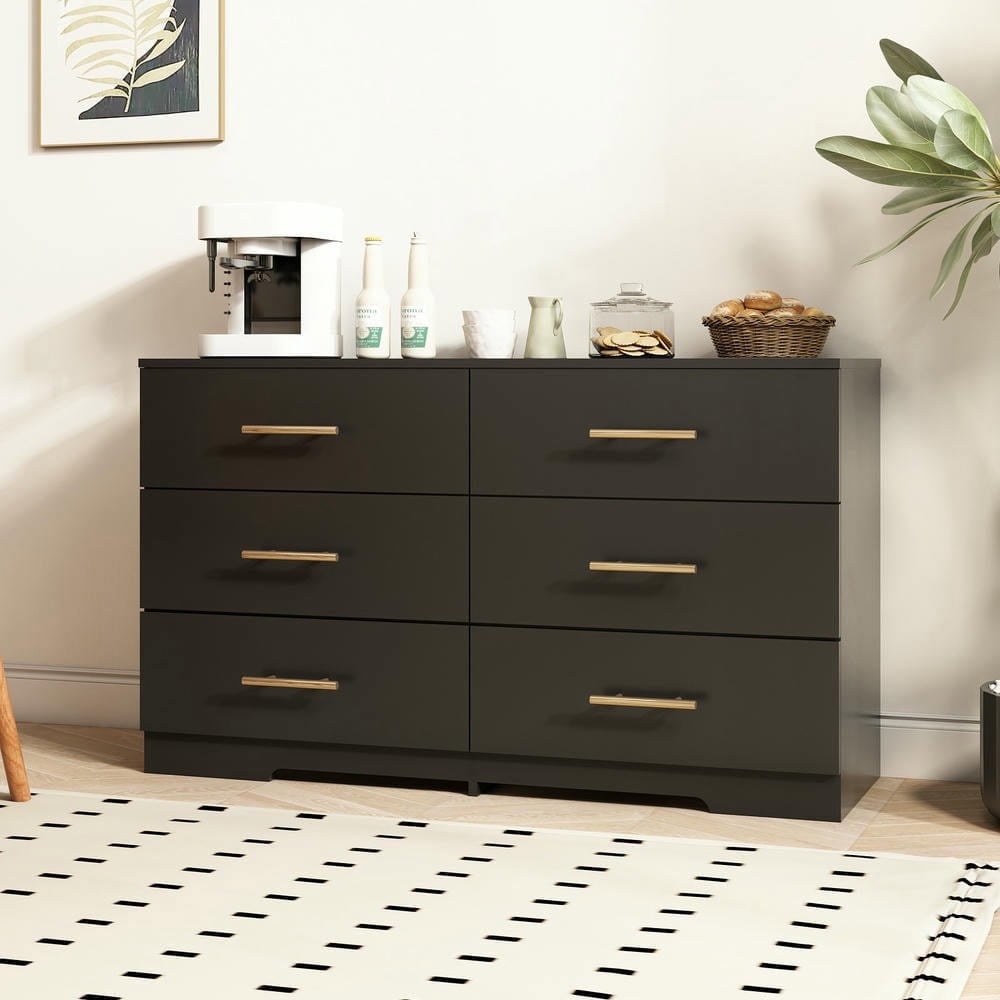 Kadyn 6 Drawer Dresser, Modern Black Dresser with 6 Drawers and Gold Handle, Storage Chest of Drawers for Bedroom, Living Room, Hallway, Entryway