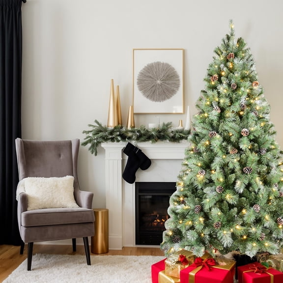 Kadyn Christmas Tree, Xmas Trees,Artificial 7Ft Green Christmas Tree with 1348Pvc/Hard Needle Mixed Branch Tips,Pine Cone