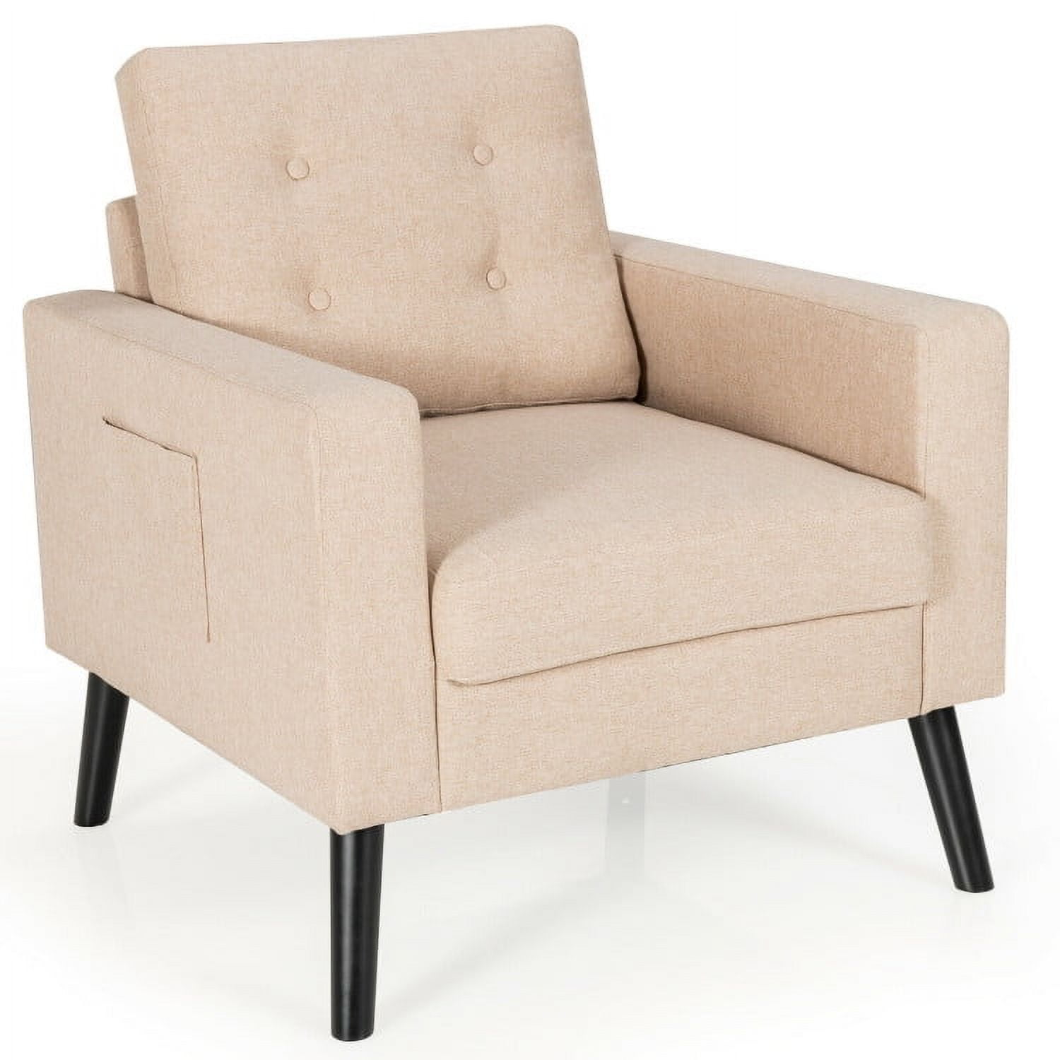 Beige Linen Barrel Accent Chair with Rubber Wood Legs