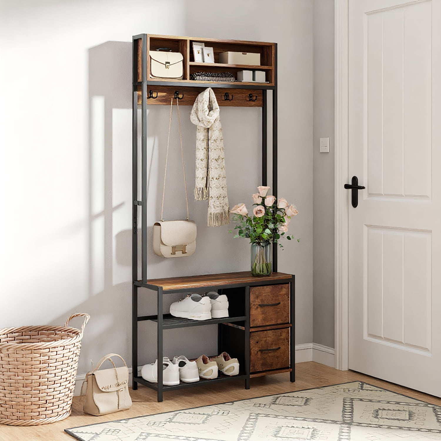 Kadyn Coat and Hat Hanger Organizer Rack,Coat Rack,Coat Stand,Coat Hanger Tree,Hall Tree with Bench and Shoe Storage, 5-in-1 Coat Rack with 2 Drawers, Brown