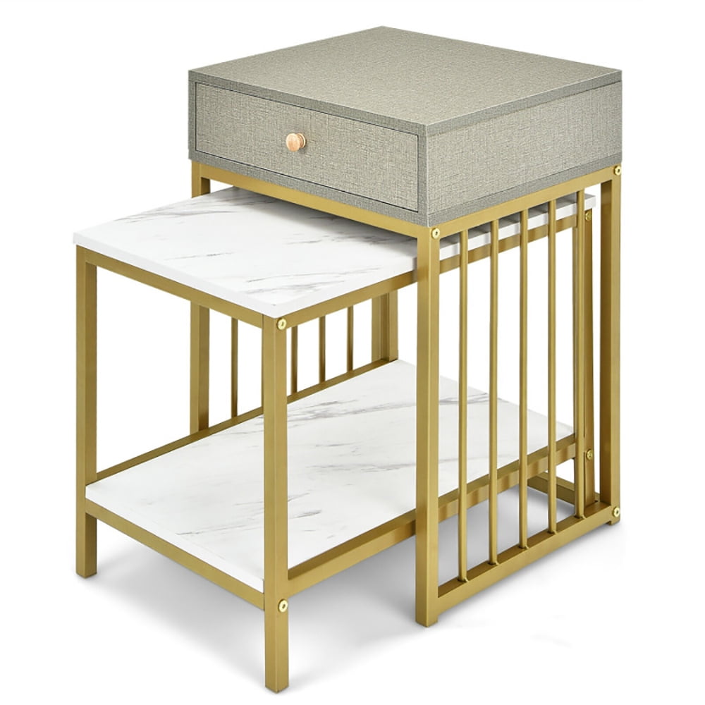 Modern Gold and Faux Marble Nesting Coffee Table Set with Drawer