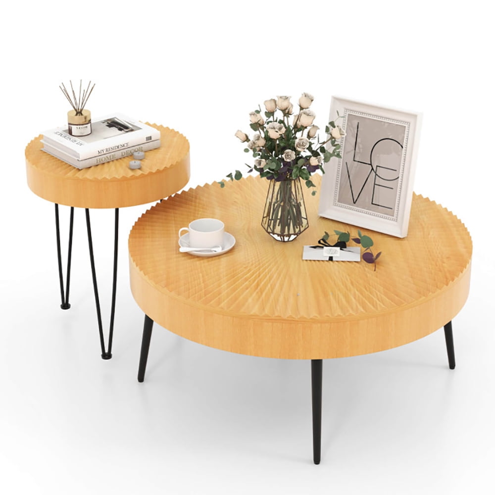 Round Pine Wood Coffee Tables with Black Metal Legs, Set of 2