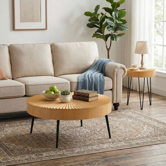 Kadyn Cocktail Tea Table,Coffee Table,Sofa Table Tea Table,2 Set of Wooden Coffee Table with Metal Legs and Adjustable Foot Pads-Radial Pattern