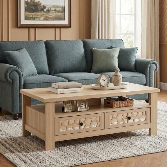 Kadyn Cocktail Tea Table,Coffee Table,Sofa Table Tea Table,3-tier Coffee Table with 2 Drawers and 5 Support Legs-Natural