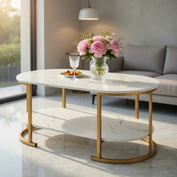 Kadyn Cocktail Tea Table,Coffee Table,Sofa Table Tea Table,Marble Coffee Table with Open Storage Shelf-White