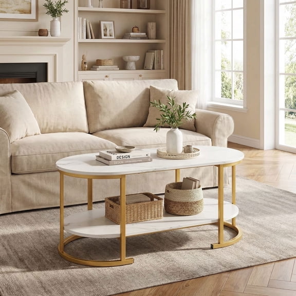 Kadyn Cocktail Tea Table,Coffee Table,Sofa Table Tea Table,Marble Coffee Table with Open Storage Shelf-White