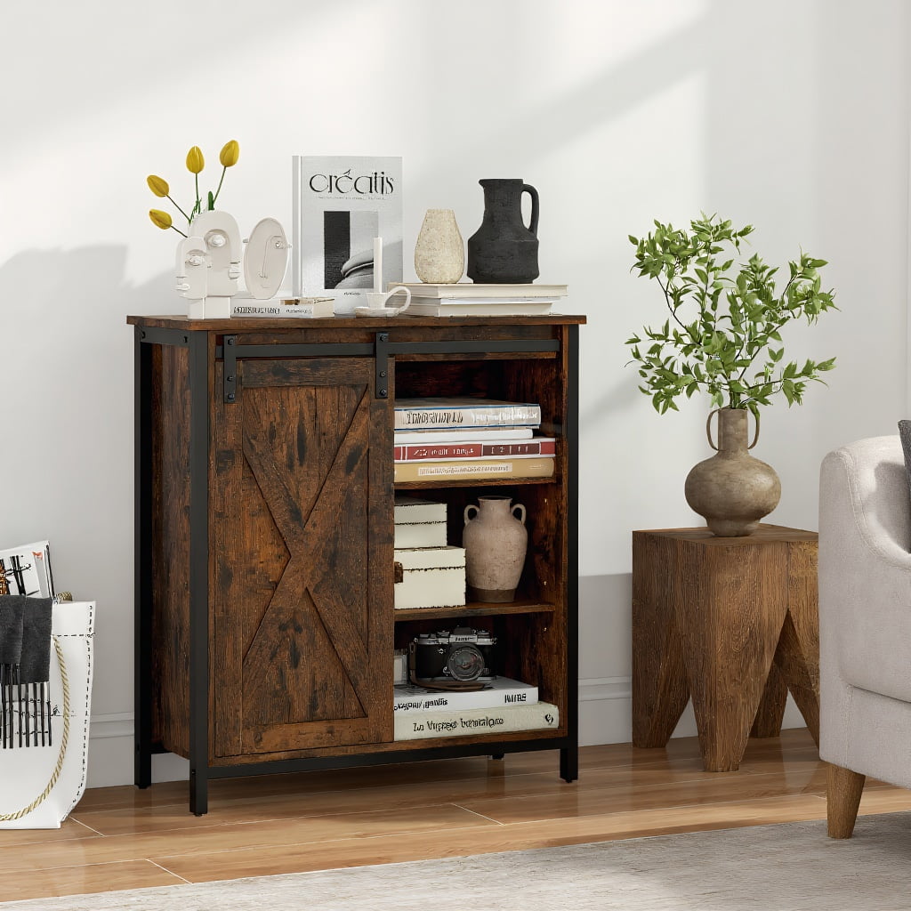 Kadyn Coffee Bar Cabinet, Sideboard Buffet Cabinet, 32 Inch Farmhouse Sideboard Buffet Cabinet with Sliding Barn Door and Adjustable Shelves-Rustic Brown