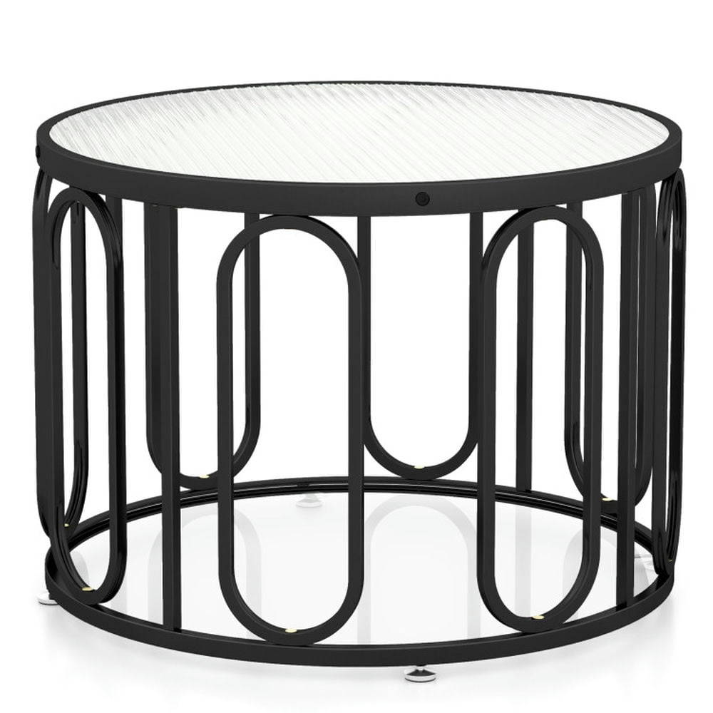 Kadyn Coffee Table,Desktop Table,Center Table,24 Inch Round Coffee Table with Reeded Tempered Glass Top and Oval Swivel Brackets-Black