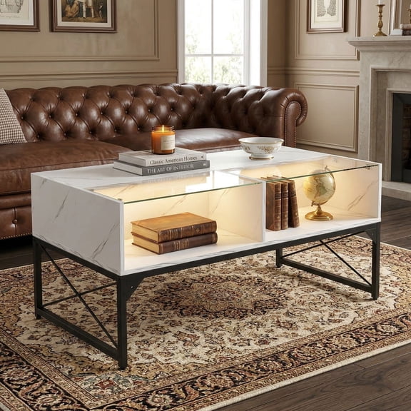 Kadyn Coffee Table,Desktop Table,Center Table,Center Table with Faux Marble and Tempered Glass Top-White