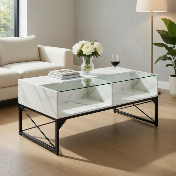 Kadyn Coffee Table,Desktop Table,Center Table,Center Table with Faux Marble and Tempered Glass Top-White