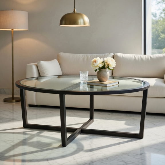 Kadyn Coffee Table,Desktop Table,Center Table,Glass Coffee Table Oval Living Room Table with Cross Base and Acacia Wood Legs-Black