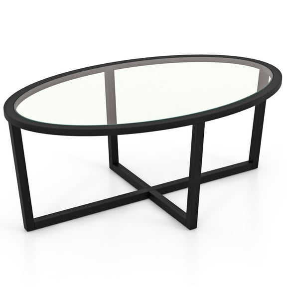 Kadyn Coffee Table,Desktop Table,Center Table,Glass Coffee Table Oval Living Room Table with Cross Base and Acacia Wood Legs-Black