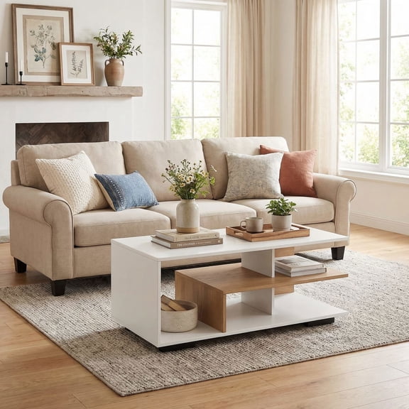 Kadyn Coffee Table,Desktop Table,Center Table,Rectangular Coffee Table with L-shaped Middle Shelf-White